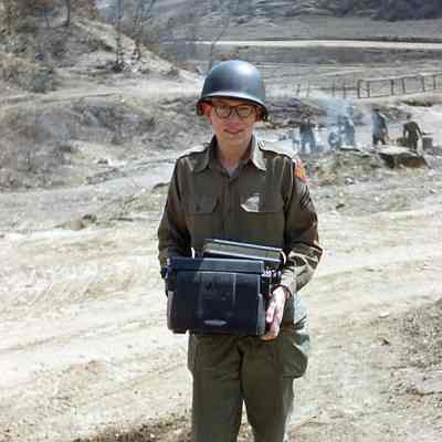 Soldier holding a typewriter
