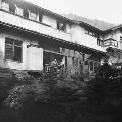 Soldiers relaxing on a balcony in the Noboribetsu Hotel