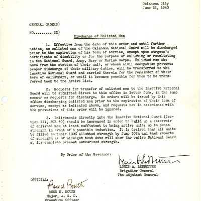 General Order #22 Headquarters Oklahoma National Guard-1940