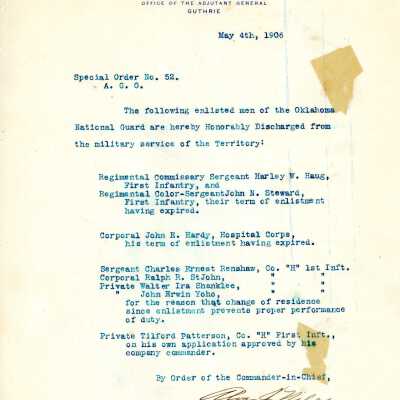 Special Order #52 Headquarters Oklahoma National Guard-1906