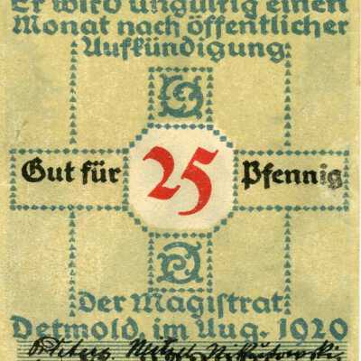 German City of Detmold Twenty-Five Pfennig Notgeld