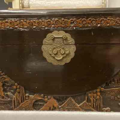Carved Wood Trunk with Lock
