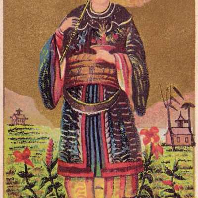 An Asian Man Holds an Umbrella and a Plant