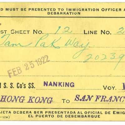 1922 Immigration Card for Tam Pak Way