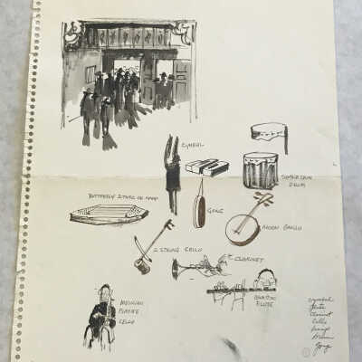 Sketches of Chinese Opera instruments and musicians
