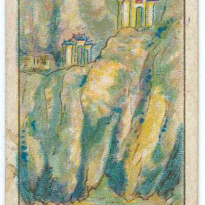 Trade card, Three buildings on a mountain