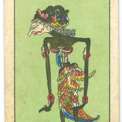 Trade card, Green background of skinny black woman with headdress