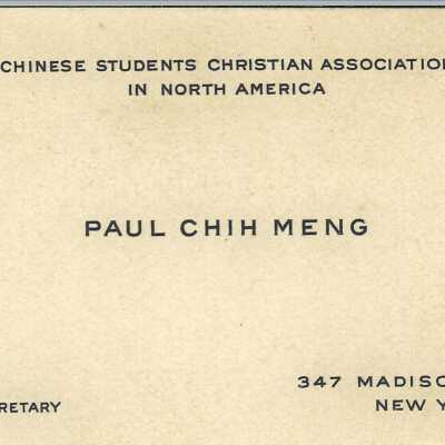 Paul Chih Meng. Chinese Students Christian Assoication in North America. New York. Business Card