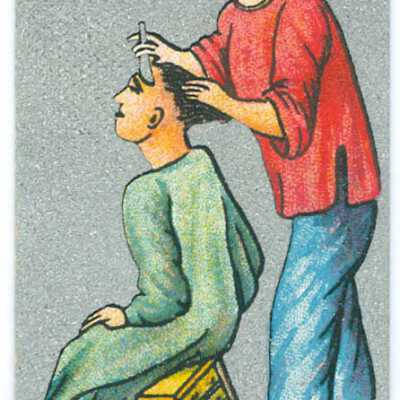 Trade card, cutting hair