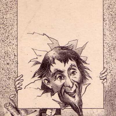 A Western Man with a Pointy Beard has his Head Push Through a Poster Board.