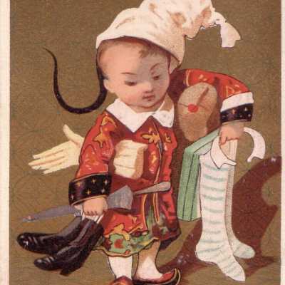 A Chinese Infant Boy Wearing a Traditional Robe and Carrying Boots, an Umbrella, Gloves, Socks, and a Green Box