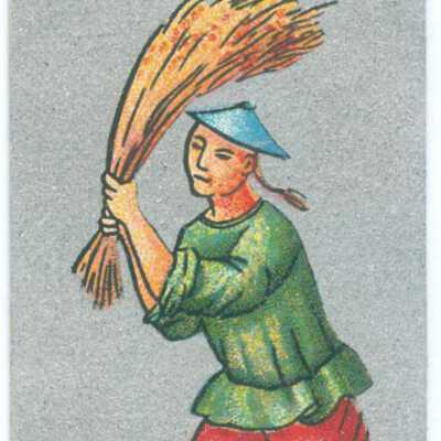 Tradecard, threshing wheat