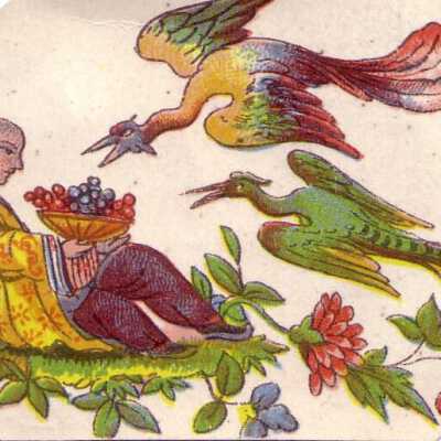 "A Chinese man sitting on the floor, carrys a hat filled with fruit, while watching two peacock-like birds fly towards him"