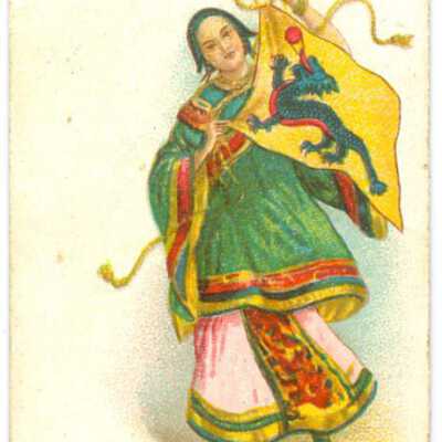 Trade card, Chinese woman holding a yellow flag with blue dragon