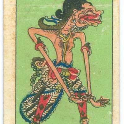 Trade card, Green background of white man with monster-like head