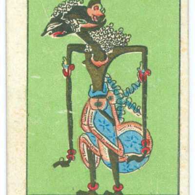 Trade card, Green background of skinny black man wearing headdress
