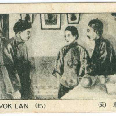 Trade card, Chinese man and woman greeted by another Chinese man