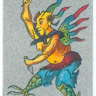 Trade card, Man with wings, holding a chisel and ax