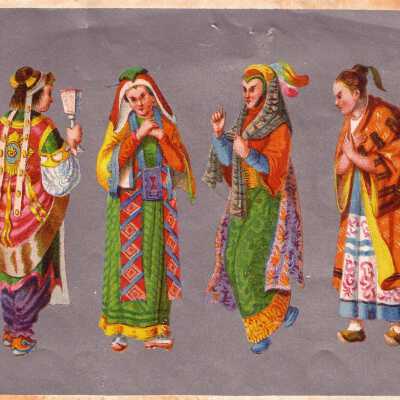 Four Chinese Women Standing and wearing colorful traditional robes.