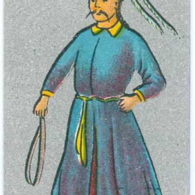 Trade card, man with overcoat holding a strap