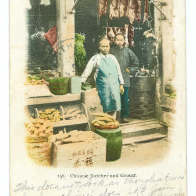 Postcard, San Francisco, Chinatown, Chinese Butcher and Grocer