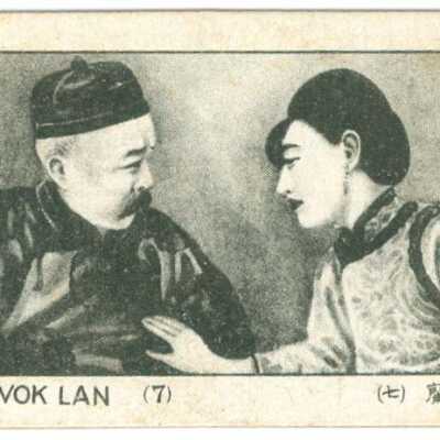 Trade card, Chinese woman in cheong sam talking to Chinese man with mustache