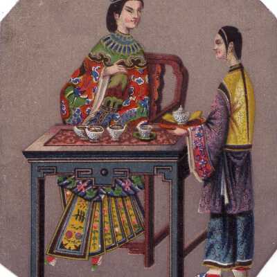 A Chinese Women dressed traditionally, is served tea by her servant