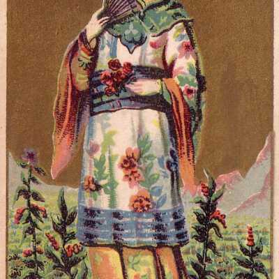 An Asian Lady Holds a Fan and Roses