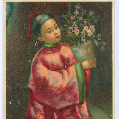 Postcard, A Chinese Boy Holding a Pot of Flowers