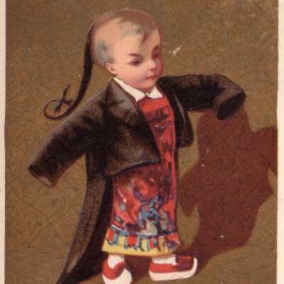 A Little Boy Wears a Traditional Chinese Bown But with an Enlarge Tuxedo Jacket