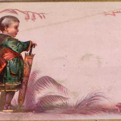 A Chinese Boy with a Queue Holds an Umbrella.
