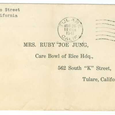 Envelope addressed to "Mrs. Ruby Joe Jung, Care Bowl of Rice Hdg."