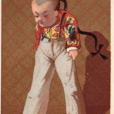 A Little Boy Stands on Wooden Pegs