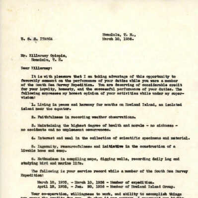 Letter from W.T. Miller to Killarney Opiopio
