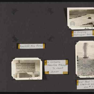 Coral reef of Howland Island being blasted with 500# TNT and a single occupant canoe made from an old barrel