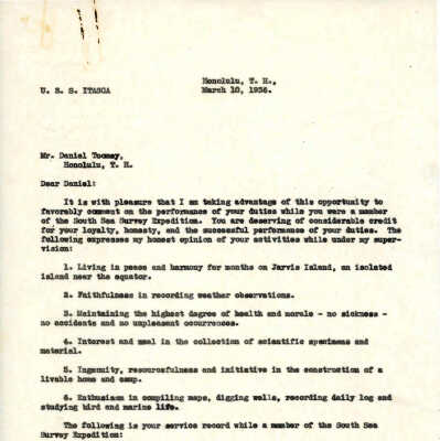 Letter from W.T. Miller to Daniel Toomey
