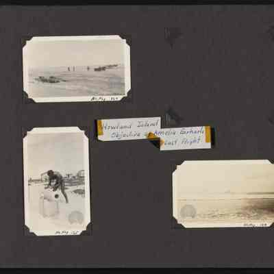 Supplies coming ashore Howland Island and man posing with cannon