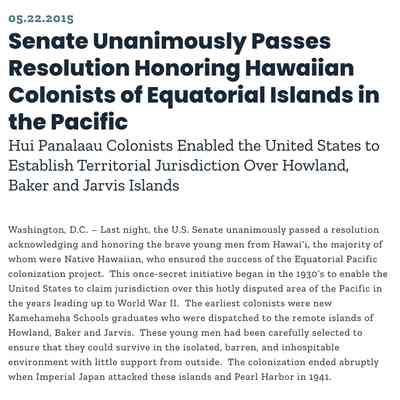 Senate Unanimously Passes Resolution Honoring Hawaiian Colonists of Equatorial Islands in the Pacific