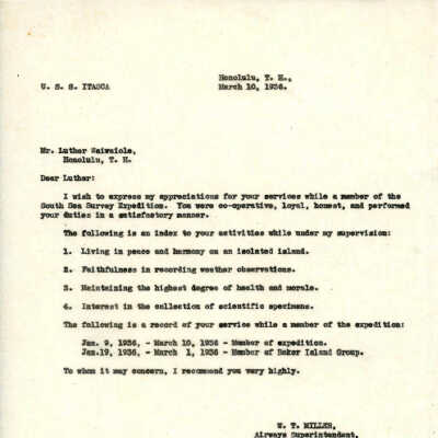 Letter from W.T. Miller to Luther Waiwaiole