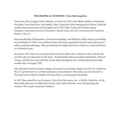 Interview with Victor Bak Sung Kim for the Hui Panalāʻau Oral History Project