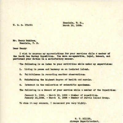 Letter from W.T. Miller to Henry Mahikoa
