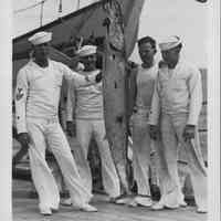 Crew aboard the Itasca with their catch - a 98 lb. Ono