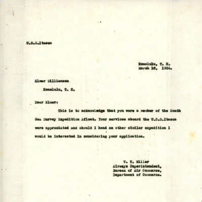 Letter from W.T. Miller to Elmer Williamson