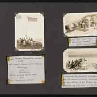 Images taken on Baker Island posing in front of a flag pole, men aboard ship and men transporting cannon found on Baker Island to the ship for eventual presentation to the Bishop Museum