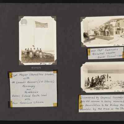 Images taken on Baker Island posing in front of a flag pole, men aboard ship and men transporting cannon found on Baker Island to the ship for eventual presentation to the Bishop Museum