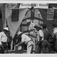 Cornerstone ceremony: Left to right - Harry Stewart, territorial architect of Honolulu. William T. Miller, airways superintendent, Dept. of Commerce, under whose supervision the colonization and annexation were carried out.