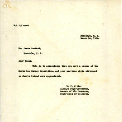 Letter from W.T. Miller to Frank Cockett