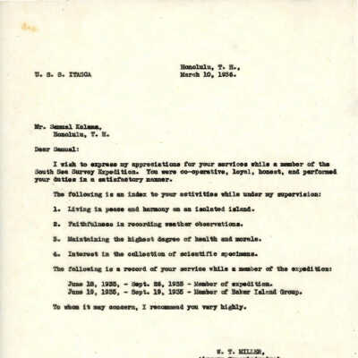 Letter from W.T. Miller to Samuel Kalama