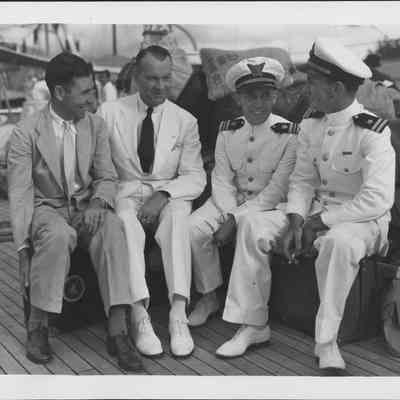 Left - right: C.L. Bissell, U.S.A., William T. Miller, superintendent of airways, U.S. Dept. of Commerce's bureau of aeronautics; Lieut. Frank Kenner, executive officerU.S.C.G. cutter Itasca; and Lt. Emory Stephens, USN at Honolulu prior to leaving on the Itasca for the southern seas