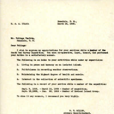 Letter from W.T. Miller to Folinga Faufata